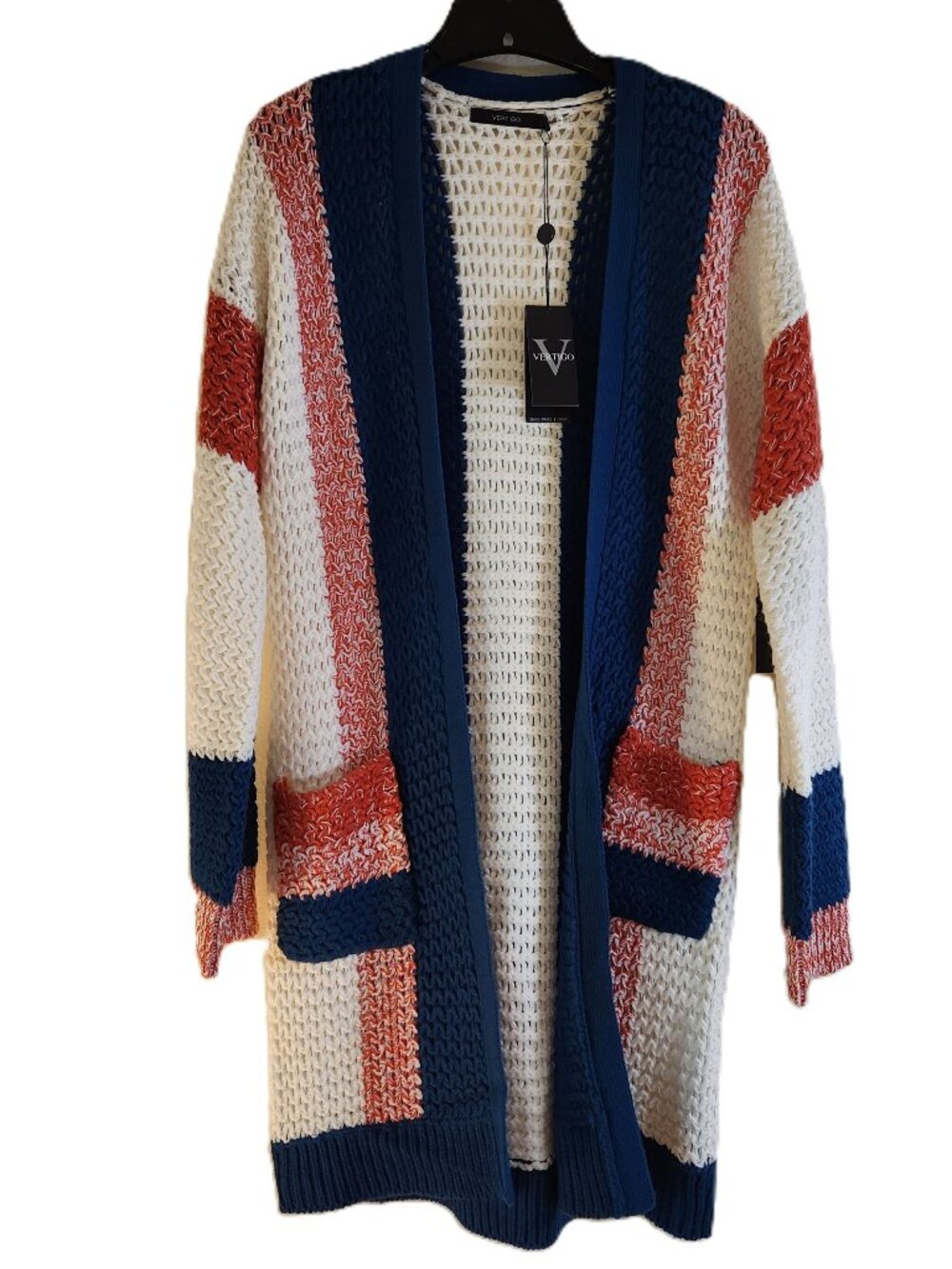 NWT Vertigo Colorblock Longline Cardigan Sweater Size Large, Denim Combo